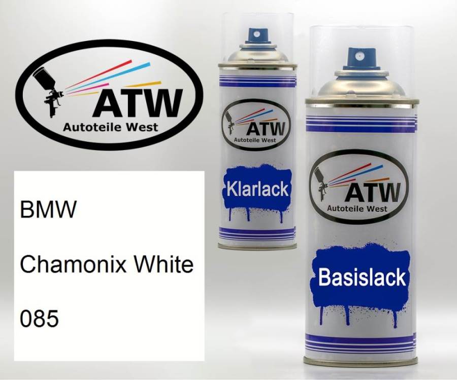 BMW, Chamonix White, 085: 400ml Sprühdose + 400ml Klarlack - Set, von ATW Autoteile West.